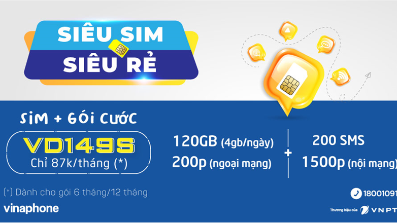 Đăng ký Sim kèm gói cước 4G VinaPhone - VD149S