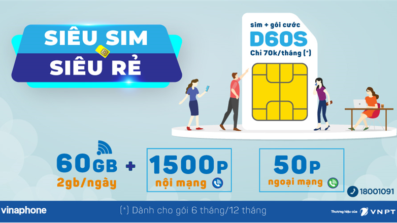 Gói cước 4G VinaPhone D60S: Ưu đãi 60GB + 1550 phút gọi