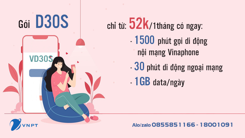 Sim kèm gói cước 4G VinaPhone D30S: Ưu đãi 30GB + 1530 phút gọi