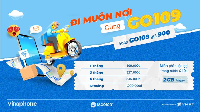 Đăng ký gói GO109 Vinaphone miễn phí 60GB data + free gọi 10s
