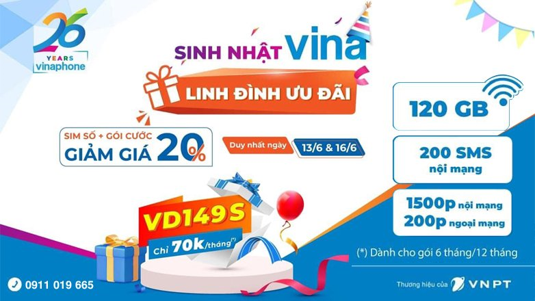 Giảm giá 20% khi mua sim kèm gói VD149S của Vinaphone trong ngày 13 và 16/06/2022