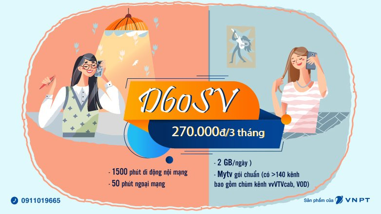 Gói cước D60SV Vinaphone 90k ưu đãi 60GB, 1550 phút gọi