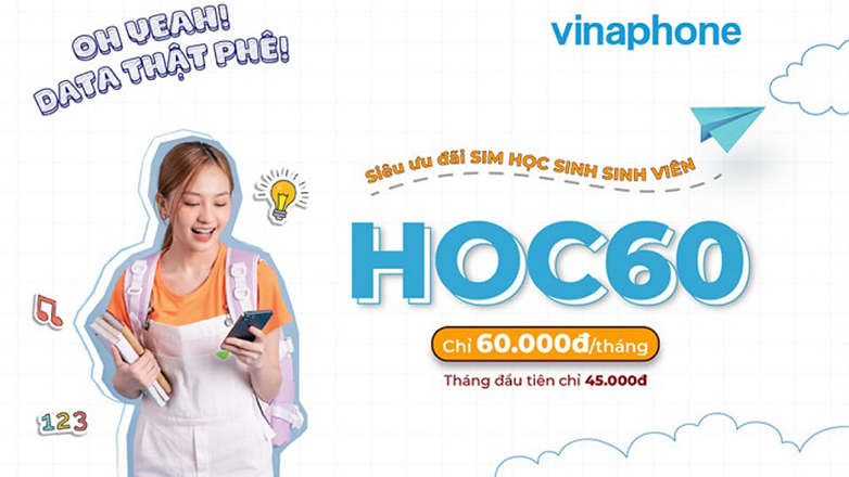Gói HOC60 Vinaphone có 2GB/ngày và miễn phí HocMai, Tiktok, Youtube