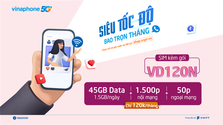 Đăng ký sim kèm gói VD120N Vinaphone nhận ngay 45GB và 1550 phút