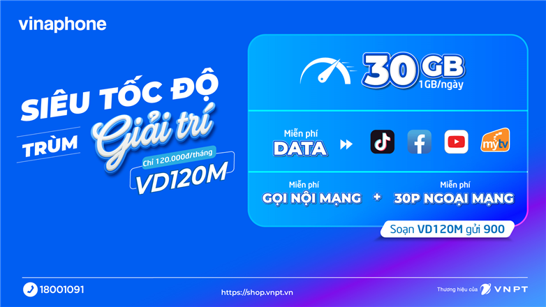 Gói cước VD120M VinaPhone – FREE 30GB + 1500 phút gọi