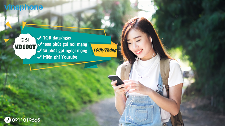 Gói VD100Y VinaPhone không giới hạn Youtube, 30GB, Free 1530 phút gọi