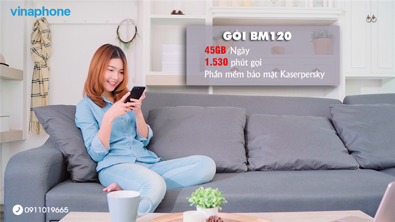 Đăng ký gói BM120 VinaPhone có 1530 phút gọi và 45GB data với giá 120k